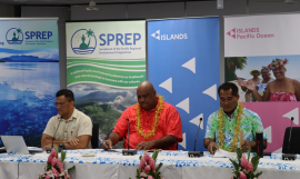 SPREP’s Acting Director, Waste Management and Pollution Control and Pollution Adviser, Anthony Talouli, Head of UNEP in the Pacific, Sefanaia Nawadra and Samoa’s Minister of Natural Resources and Environment, Toeolesulusulu Cedric Schuster at the GEF ISLANDS inception meeting.