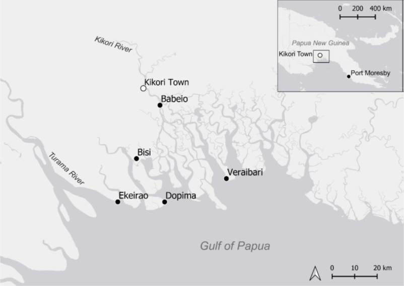 The Kikori Region in the Gulf Province, Papua New Guinea, and the location of five fishing communities engaged to collect catch rate information.