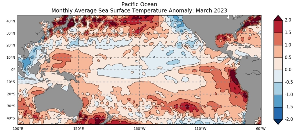 Sea surface temperatures for March 2023